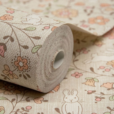 Grandeco Liberty Floral Bunny Trail Nursery Textured Wallpaper Natural Beige