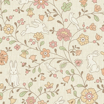 Grandeco Liberty Floral Bunny Trail Nursery Textured Wallpaper Natural Beige
