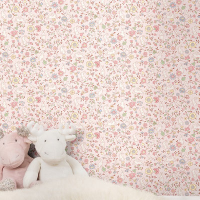 Grandeco Liberty Floral Bunny Trail Nursery Textured Wallpaper Pink