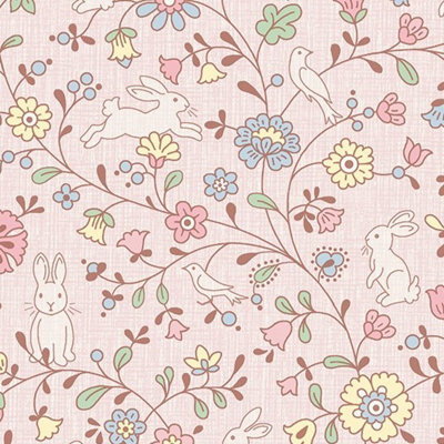 Grandeco Liberty Floral Bunny Trail Nursery Textured Wallpaper Pink