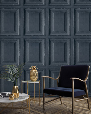 Grandeco Life Wood Panels Navy Wallpaper A49201
