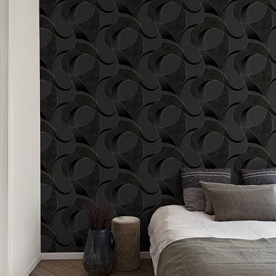 Grandeco Linares Blown Vinyl Textured Wallpaper, Black