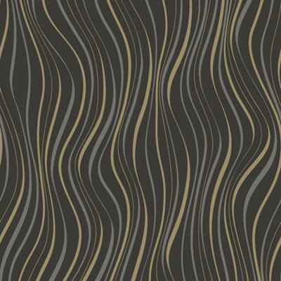 Grandeco Line-Up Wave Stripe Blown Vinyl Textured Wallpaper, Black