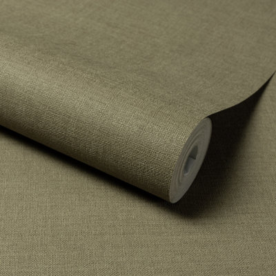Grandeco Linen Effect Fabric Plain Textured Wallpaper, Forest Green