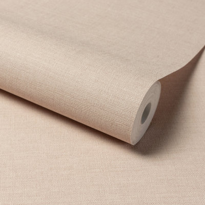 Grandeco Linen Effect Fabric Plain Textured Wallpaper, Pink