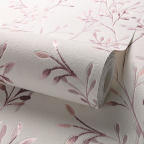 Grandeco Liva Leaf Sprig Trail Blown Vinyl Textured Wallpaper, White Pink