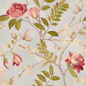 Grandeco Lola Painted Floral Trail Smooth Wallpaper, Grey Red