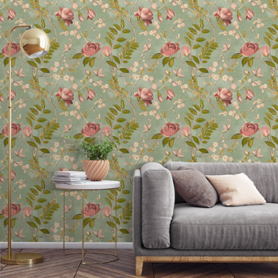 Grandeco Lola Painted Floral Trail Smooth Wallpaper, Sage Green