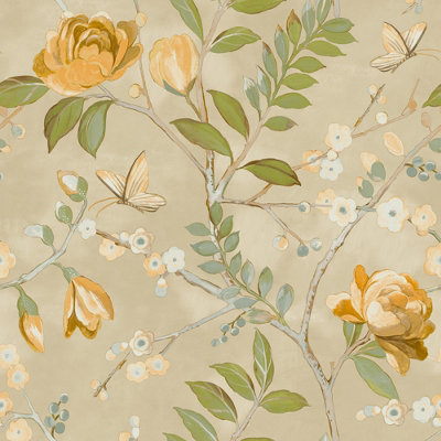 Grandeco Lola Painted Floral Trail Smooth Wallpaper, Yellow