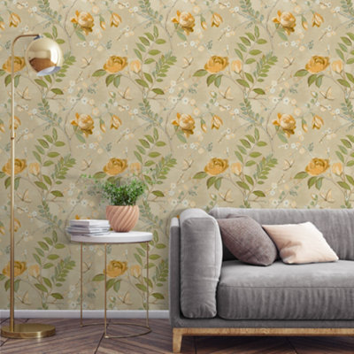 Grandeco Lola Painted Floral Trail Smooth Wallpaper, Yellow