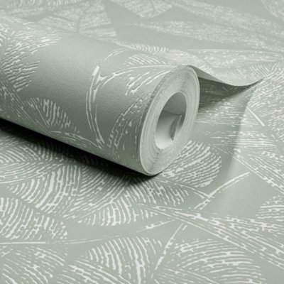 Grandeco Lorena Sketch Leaves Blown Vinyl Wallpaper, Sage