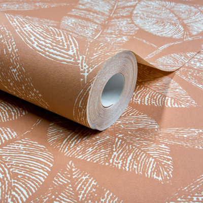 Grandeco Lorena Sketch Leaves Blown Vinyl Wallpaper, Terracotta