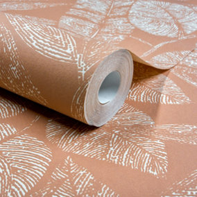 Grandeco Lorena Sketch Leaves Blown Vinyl Wallpaper, Terracotta