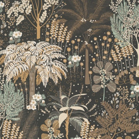 Grandeco Louan Floral Foliage Metallic Textured Wallpaper Black