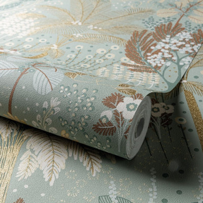 Grandeco Louan Floral Foliage Sage Metallic Textured Wallpaper