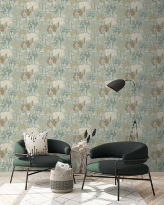 Grandeco Louan Floral Foliage Sage Metallic Textured Wallpaper