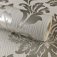 Grandeco Louisa Damask Grey & Silver metallic & glitter Textured Wallpaper