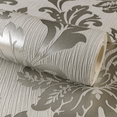 Grandeco Louisa Damask Grey & Silver metallic & glitter Textured ...