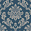 Grandeco Louisa Damask Navy & Silver metallic & glitter Textured Wallpaper