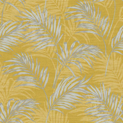 Grandeco Lounge Palm Leaves Tropical Ochre Yellow Metallic Silver Wallpaper