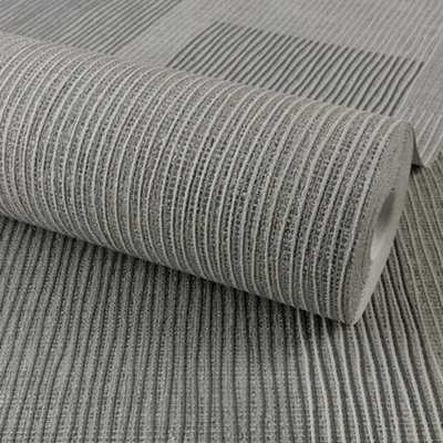 Grandeco Lucena  Shadow Squares Navy & Charcoal Striped Glitter Textured Wallpaper