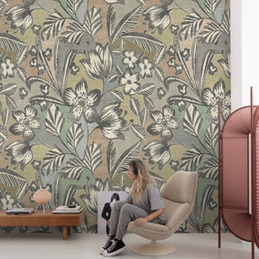 Grandeco Lucien Floral 3 lane repeatable Textured Mural, 2.8 x 1.59m
