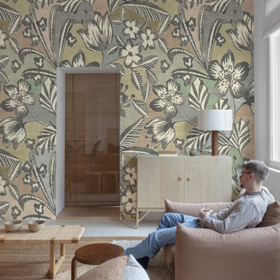 Grandeco Lucien Floral 3 lane repeatable Textured Mural, 2.8 x 1.59m