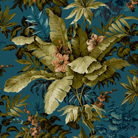 Grandeco Lush Leaves Vintage Canpoy Textured Wallpaper, Blue