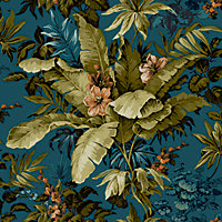 Grandeco Lush Leaves Vintage Canpoy Textured Wallpaper, Deep Teal