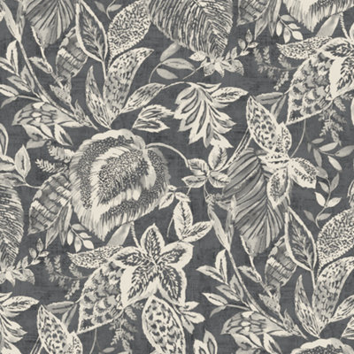 Grandeco Mae Painted Jungle Leaves Linen Textured Wallpaper, Charcoal Black