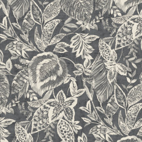 Grandeco Mae Painted Jungle Leaves Linen Textured Wallpaper, Charcoal Black