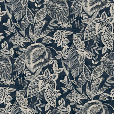 Grandeco Mae Painted Jungle Leaves Linen Textured Wallpaper, Navy Blue