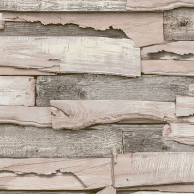 Grandeco Malay Natural Planked Wood effect Wallpaper, Blush Pink