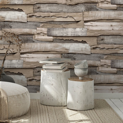 Grandeco Malay Natural Planked Wood effect Wallpaper