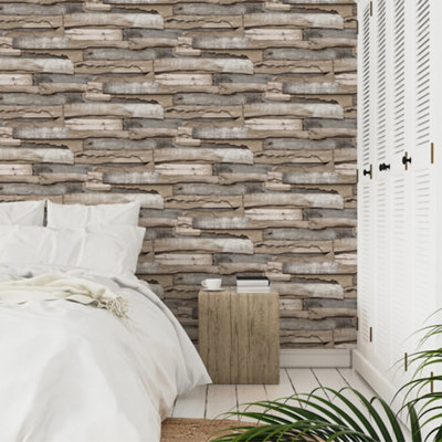 Grandeco Malay Natural Planked Wood effect Wallpaper