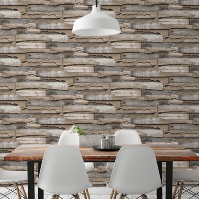 Grandeco Malay Natural Planked Wood effect Wallpaper