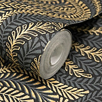 Grandeco Margot Filigree Metallic Damask Textured Wallpaper, Black Gold