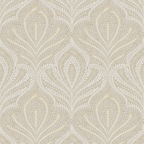 Grandeco Margot Ornamental Filigree Metallic Damask Textured Wallpaper, Neutral