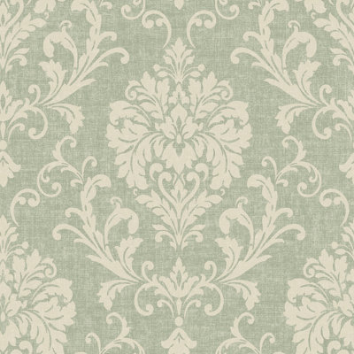 Grandeco Margritte Distressed Damask Textured Wallpaper, Green Cream