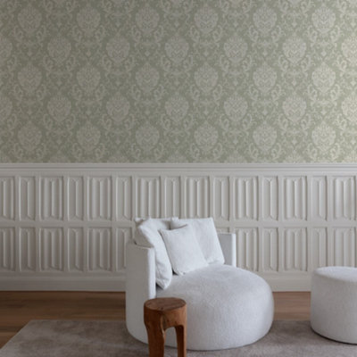 Grandeco Margritte Distressed Damask Textured Wallpaper, Green Cream