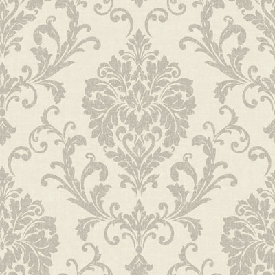 Grandeco Margritte Distressed Damask Textured Wallpaper, Taupe