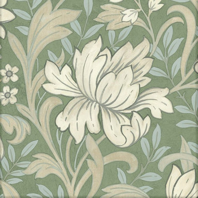 Grandeco Marian Vintage Art Nouveau Floral Trail Smooth Wallpaper, Green