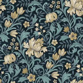 Grandeco Marian Vintage Art Nouveau Floral Trail Smooth Wallpaper, Navy