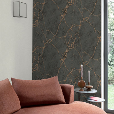 Grandeco Marmor Copper Veined Marble Blown Vinyl Wallpaper, Charcoal Grey