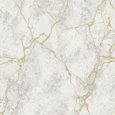 Grandeco Marmor Gold Veined Marble Blown Vinyl Wallpaper, White Grey