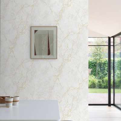 Grandeco Marmor Gold Veined Marble Blown Vinyl Wallpaper, White Grey
