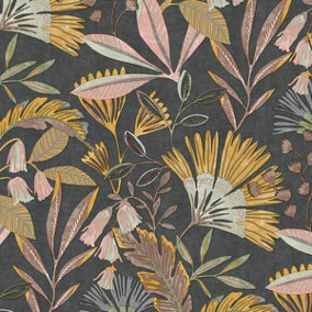 Grandeco Matisse Tropical Leaves Textured Wallpaper, Black Pink