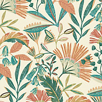 Grandeco Matisse Tropical Leaves Textured Wallpaper, Neutral Coral