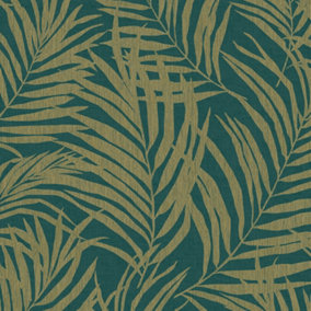 Grandeco Maui Palm Frond Leaf Textured Wallpaper, Green Gold