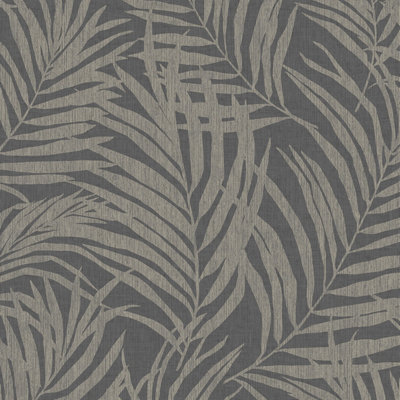 Grandeco Maui Palm Frond Leaf Textured Wallpaper, Grey